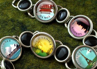 Handmade bracelets with vintage images magnified under solid glass crystal domes