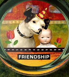 Shadowbox Paperweights contain original collages magnified in a glass crystal.